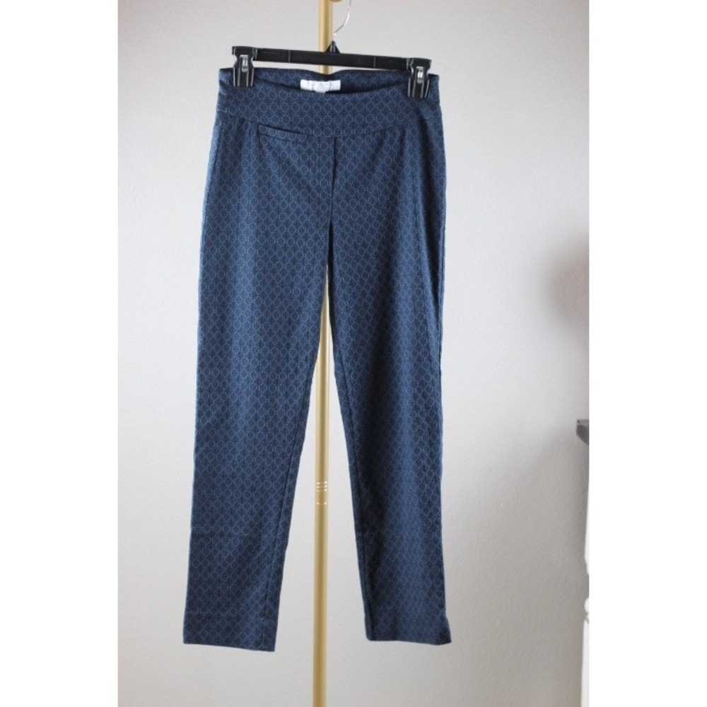 Margaret M Petite Blue Black Geometric Diamond Print Pull On Slim Pants Trousers